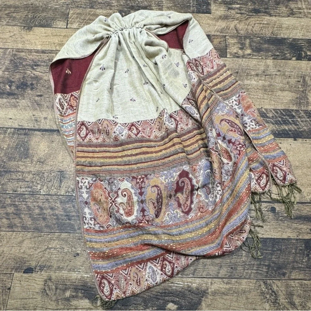 Vintage Style Knit Burgundy‎ Gold Pashmina Scarf Wrap Shawl